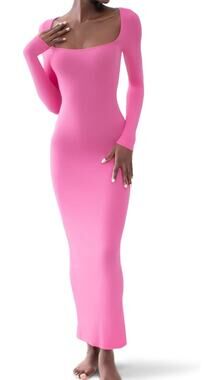 PUMIEY Women's Square Neck Long Sleeve Maxi Dress Ribbed Bodycon Size M